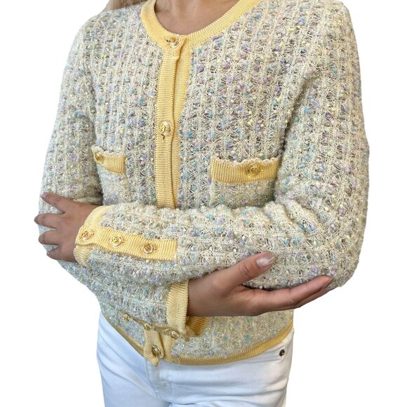 CHANEL Vintage 97P CC Mark Logo Tweed Cardigan #38 Sweater Yellow Nylon [106368] - Picture 2 of 13